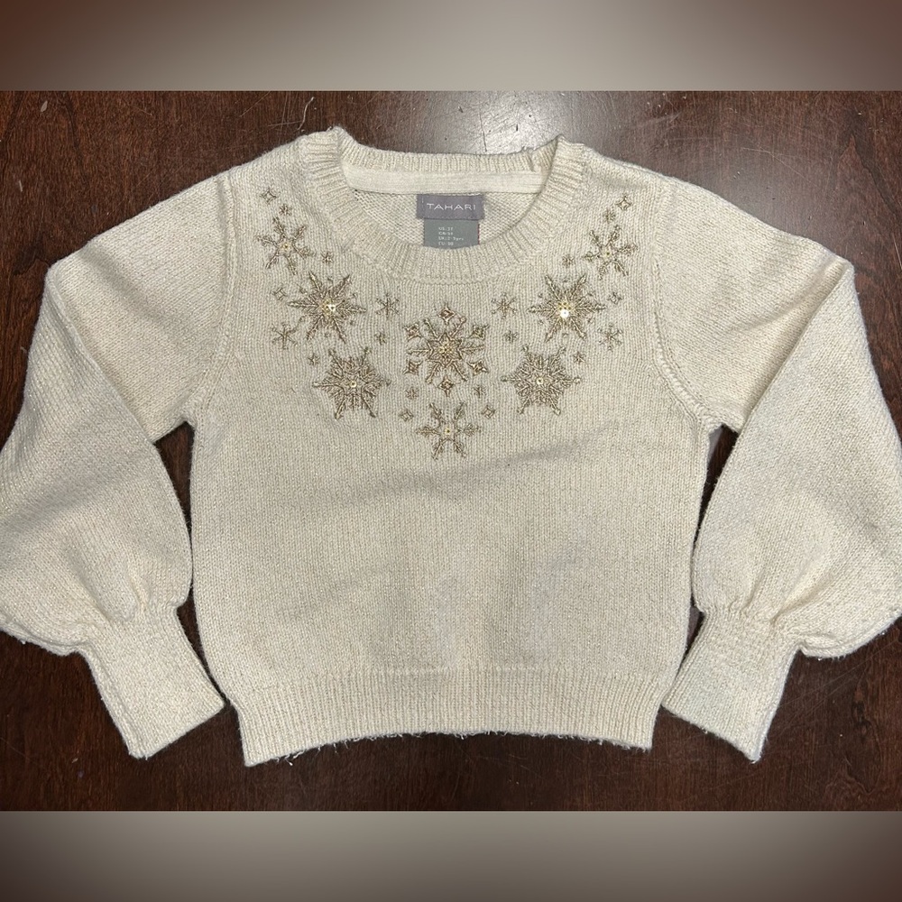 Tahari Ivory Sweater with Metallic Snowflake Embellishments